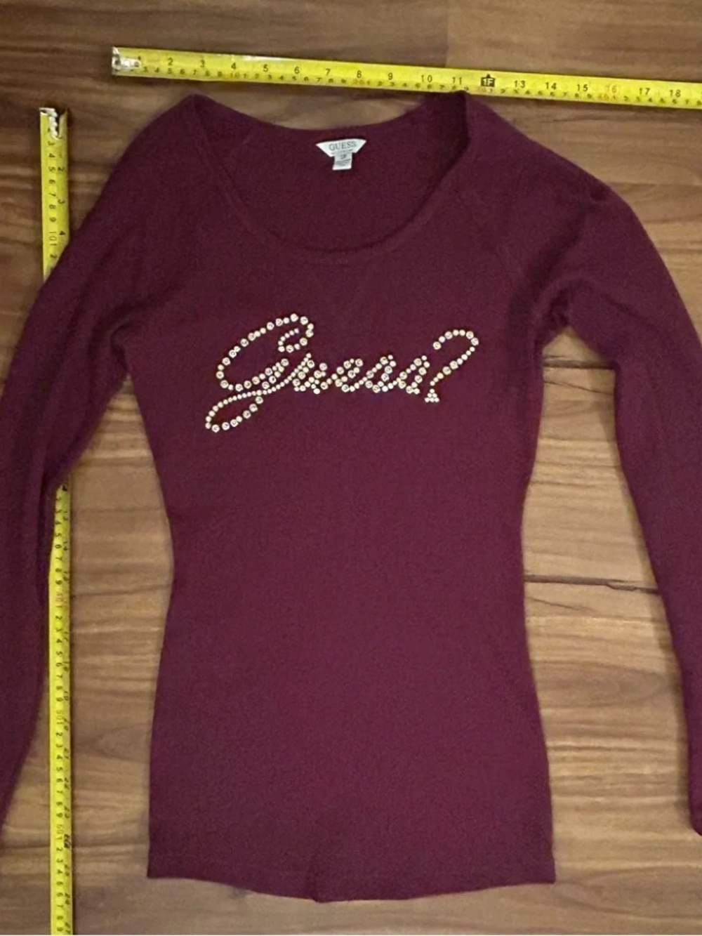 Guess Long Sleeve Waffle Thermal Tee Bling Rhinestone Embellished